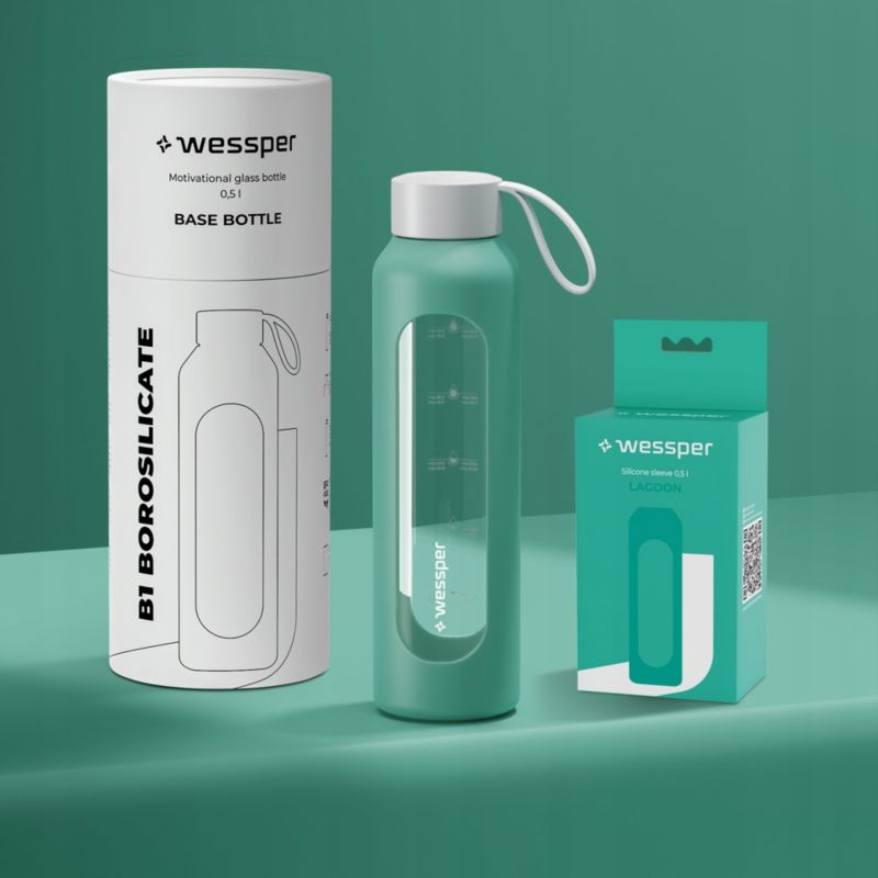 Butelka na wodę, Wessper B1, motywacyjna, z miarką, z etui, szkło borokrzemowe, bidon, 500ml, szmaragdowa, 1szt