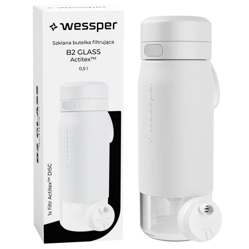 Butelka na wodę, Wessper, filtrująca, szkło borokrzemowe, bidon, z filtrem do wody, 500ml, B2 GLASS Actitex, biały, 1szt