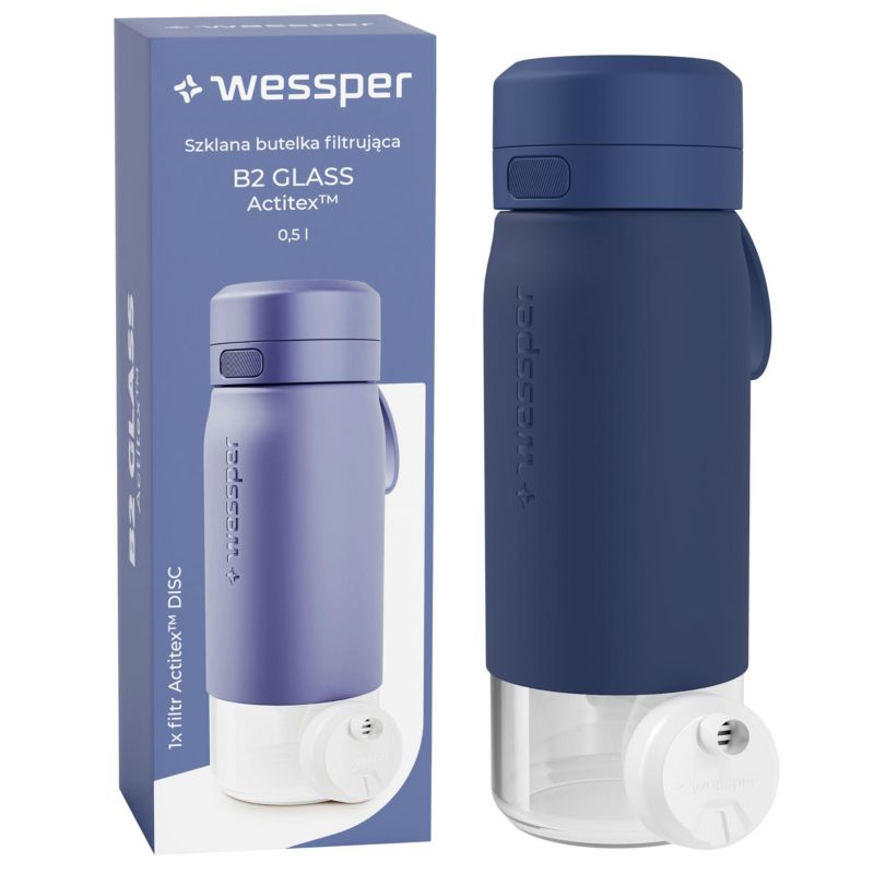 Butelka na wodę, Wessper, filtrująca, szkło borokrzemowe, bidon, z filtrem do wody, 500ml, B2 GLASS Actitex, niebieska, 1szt