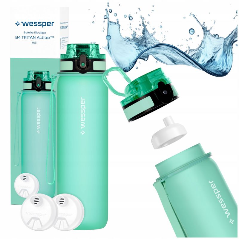 Butelka na wodę, Wessper, filtrująca, tritanowa, bidon + 2x filtr wody, 500ml, B4 TRITAN Actitex, miętowa, 3szt