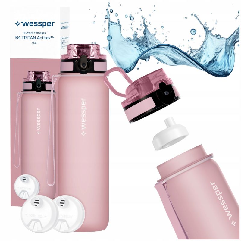 Butelka na wodę, Wessper, filtrująca, tritanowa, bidon + 2x filtr wody, 500ml, B4 TRITAN Actitex, różowa, 3szt