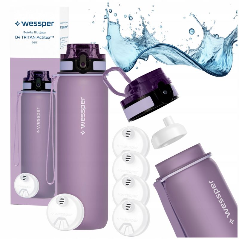 Butelka na wodę, Wessper, filtrująca, tritanowa, bidon + 5x filtr wody, 500ml, B4 TRITAN Actitex, lawendowa, 6szt