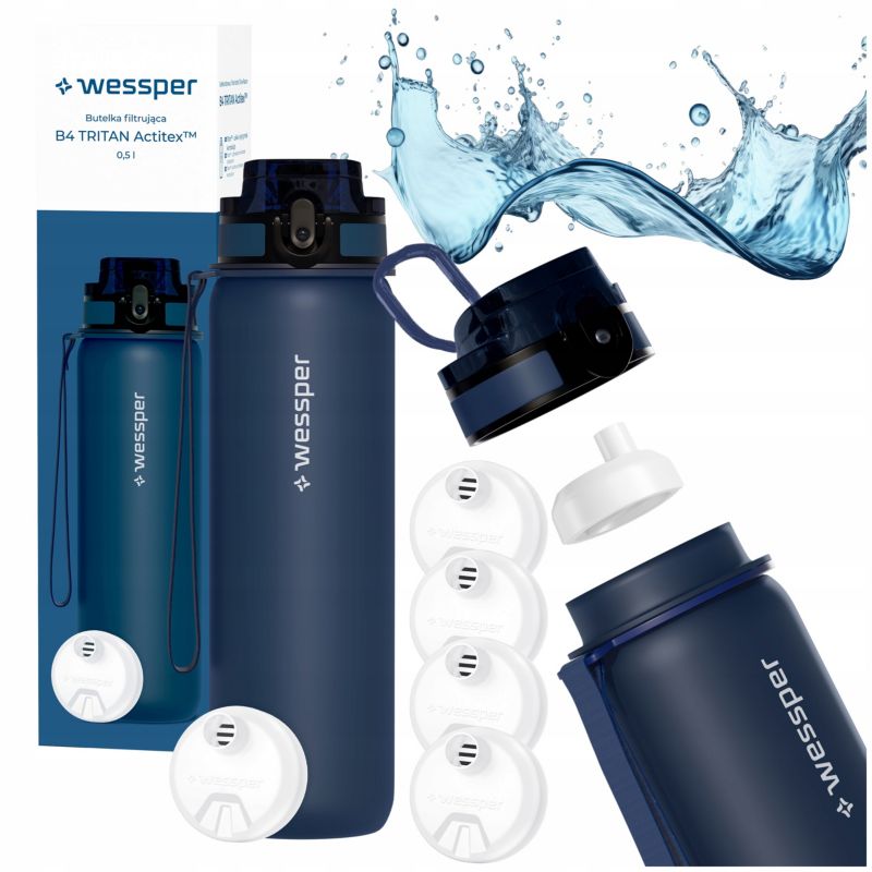 Butelka na wodę, Wessper, filtrująca, tritanowa, bidon + 5x filtr wody, 500ml, B4 TRITAN Actitex, niebieska, 6szt