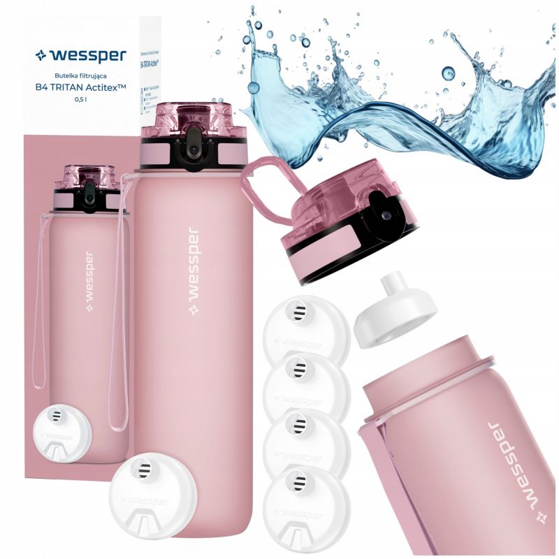 Butelka na wodę, Wessper, filtrująca, tritanowa, bidon + 5x filtr wody, 500ml, B4 TRITAN Actitex, różowa, 6szt