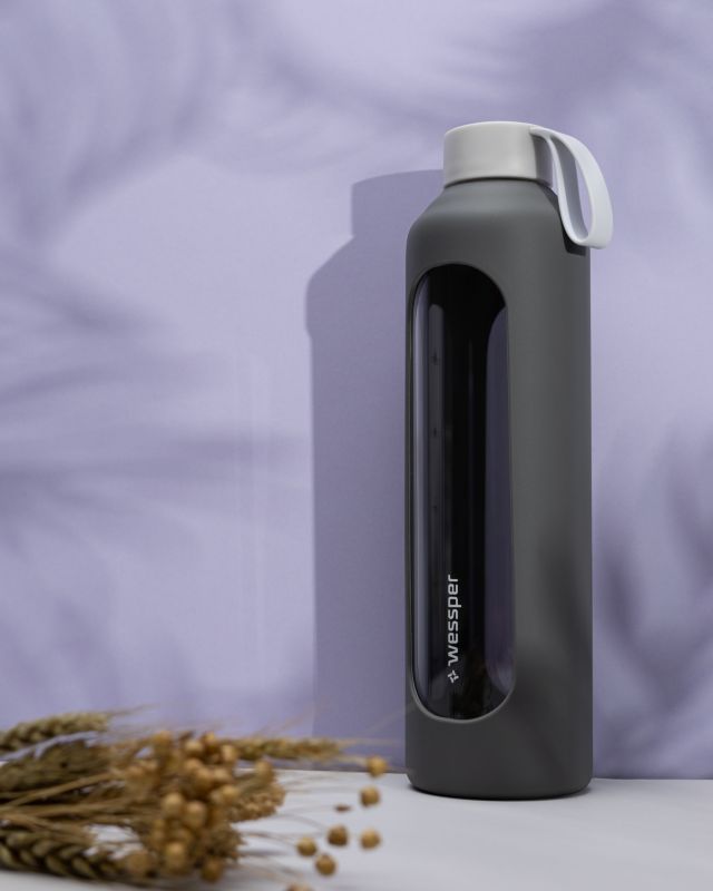 Butelka na wodę, Wessper, szklana, motywacyjna, z miarką, 1L + etui silikonowe, szary, 2szt