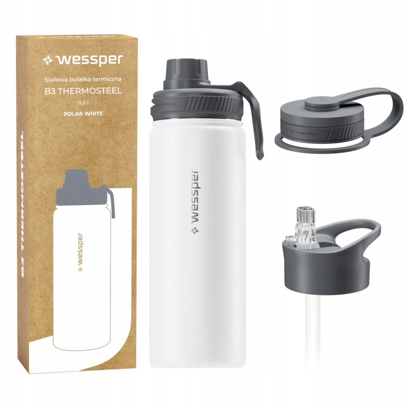 Butelka termiczna, Wessper, B3 THERMOSTEEL, termos na kawę, trzy ustniki, stal, 0.5l, biały, 1szt