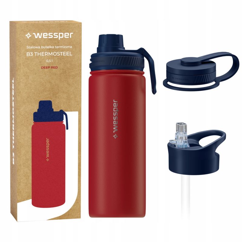 Butelka termiczna, Wessper, B3 THERMOSTEEL, termos na kawę, trzy ustniki, stal, 0.5l, czerwony, 1szt