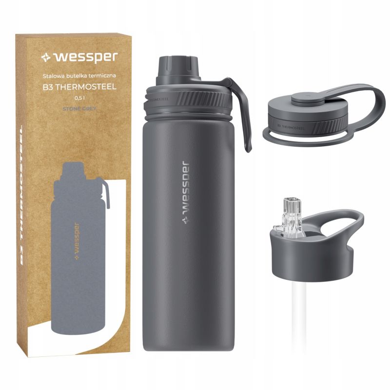 Butelka termiczna, Wessper, B3 THERMOSTEEL, termos na kawę, trzy ustniki, stal, 0.5l, stalowy, 1szt