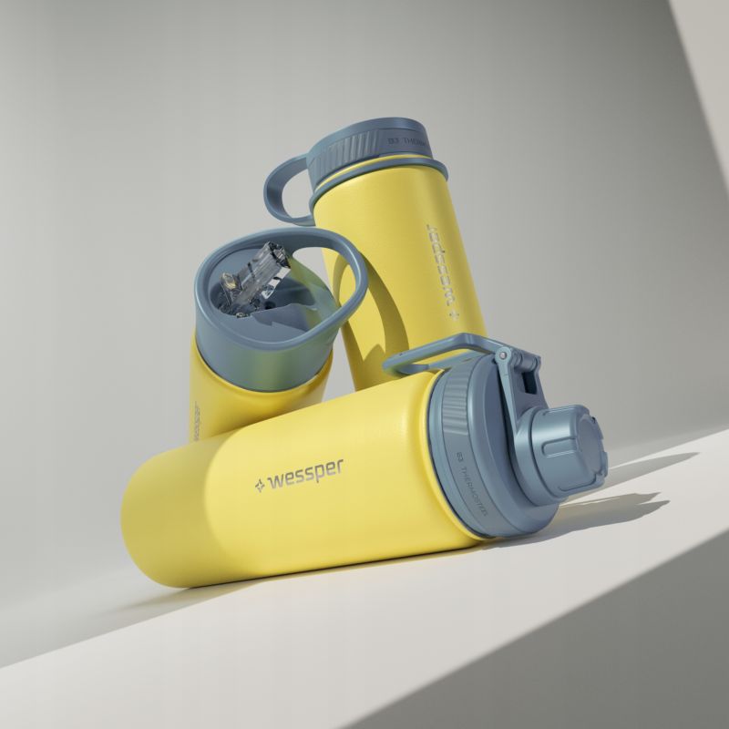 Butelka termiczna, Wessper, B3 THERMOSTEEL, termos na kawę, trzy ustniki, stal, 0.5l, żółty, 1szt