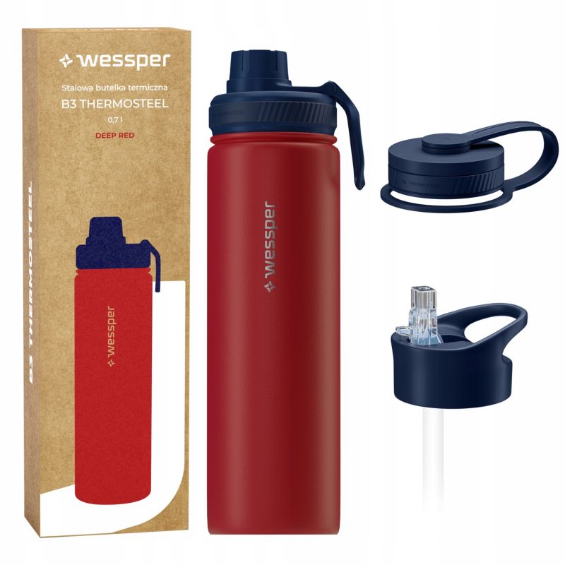 Butelka termiczna, Wessper, B3 THERMOSTEEL, termos na kawę, trzy ustniki, stal, 0.7l, czerwony, 1szt