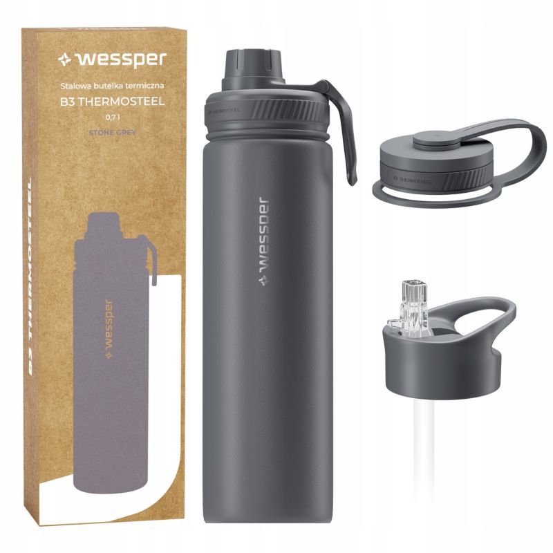 Butelka termiczna, Wessper, B3 THERMOSTEEL, termos na kawę, trzy ustniki, stal, 0.7l, szary, 1szt