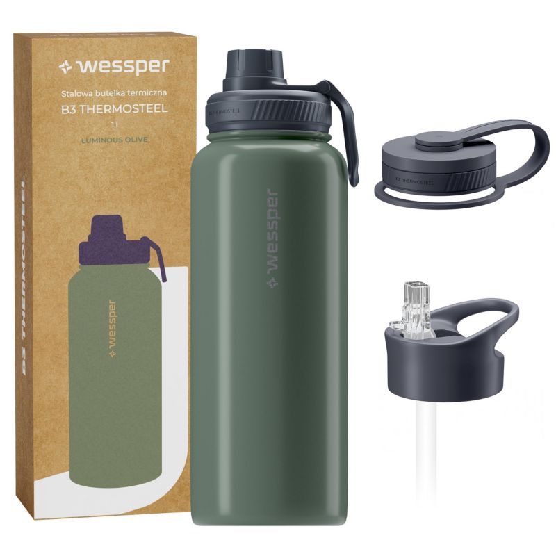 Butelka termiczna, Wessper B3 Thermosteel, termos, stalowy, 3 wymienne ustniki, 1000ml, Luminous Olive, 1szt.