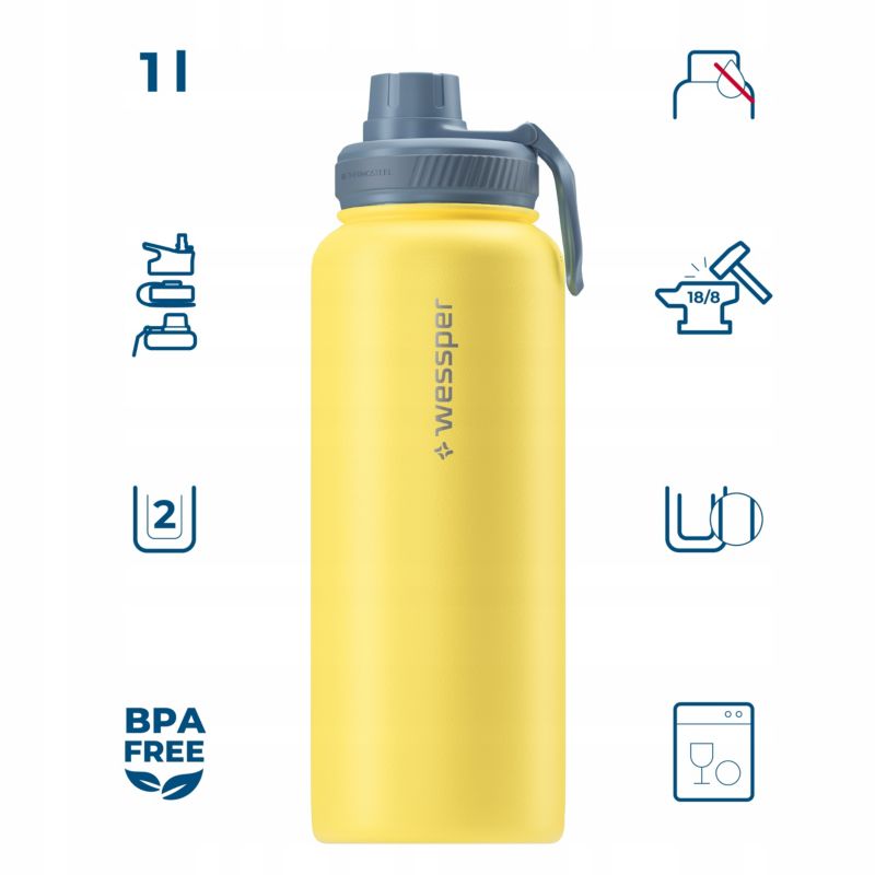 Butelka termiczna, Wessper B3 Thermosteel, termos, stalowy, 3 wymienne ustniki, 1l, żółty, 1szt