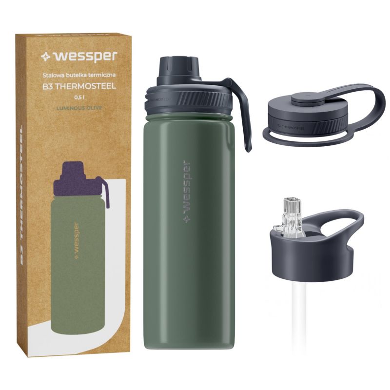 Butelka termiczna, Wessper B3 Thermosteel, termos, stalowy, 3 wymienne ustniki, 500ml, Luminous Olive, 1szt.