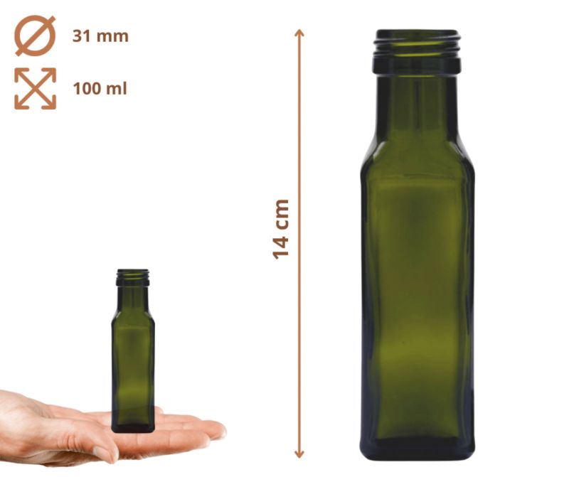 Butelki szklane MODO24 100 ml maraska kwadratowa zielona na oliwę fi 31 bez nakrętek 10 szt.
