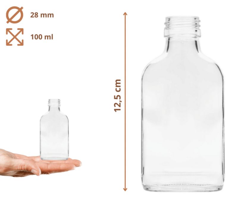 Butelki szklane MODO24 100 ml piersiówka fi 28 z nakrętkami PZH 30 szt.