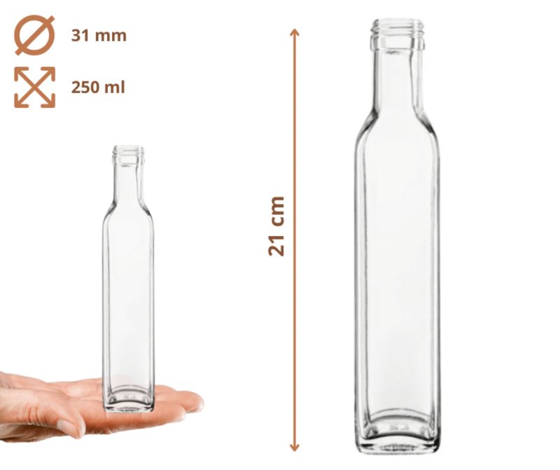 Butelki szklane MODO24 250 ml maraska kwadratowa na soki i oliwę fi 31 bez nakrętek 6 szt.