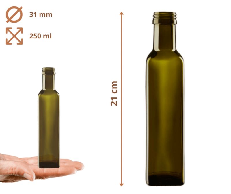 Butelki szklane MODO24 250 ml maraska kwadratowa zielona na oliwę fi 31 bez nakrętek 100 szt.