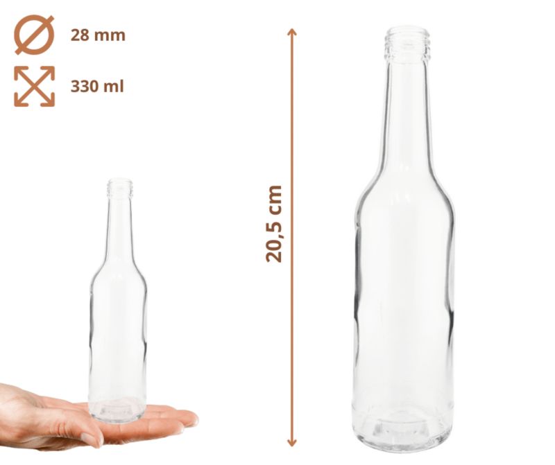 Butelki szklane MODO24 330 ml na soki nalewki i syropy fi 28 z nakrętkami 30 szt.