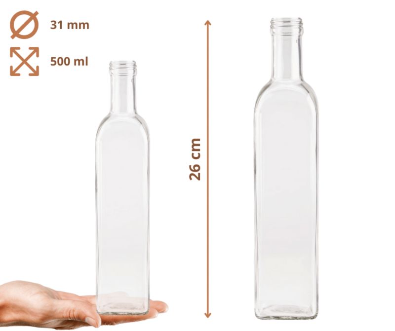 Butelki szklane MODO24 500 ml maraska kwadratowa na soki i oliwę fi 31 bez nakrętek 6 szt.