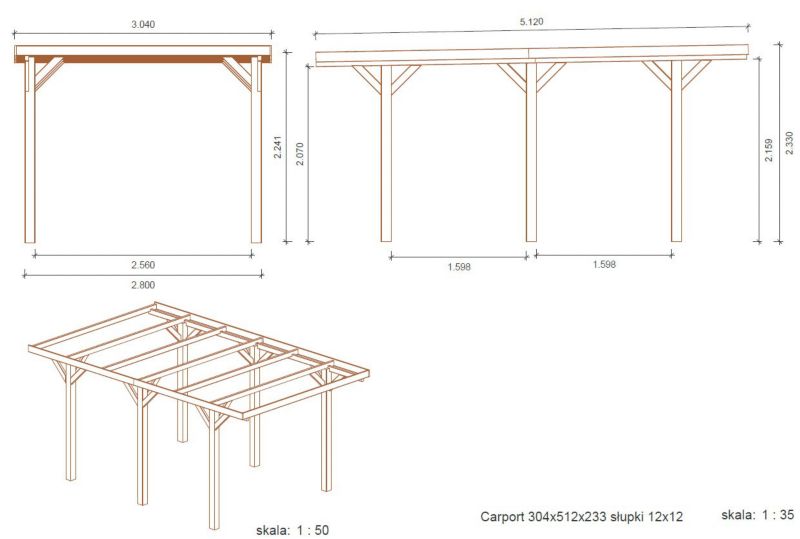 Carport Wiata garażowa ALTANKA 3,04x5,12 m - 15,56 m2, drewniana, 1szt.