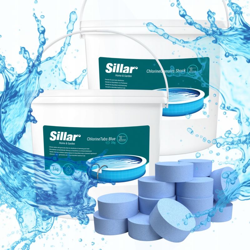 Chlor do basenu, Sillar, tabletki chlorowe 20g, 5kg, niebieskie + chlor szok, granulat, 5kg, zestaw chemii basenowej, 2szt