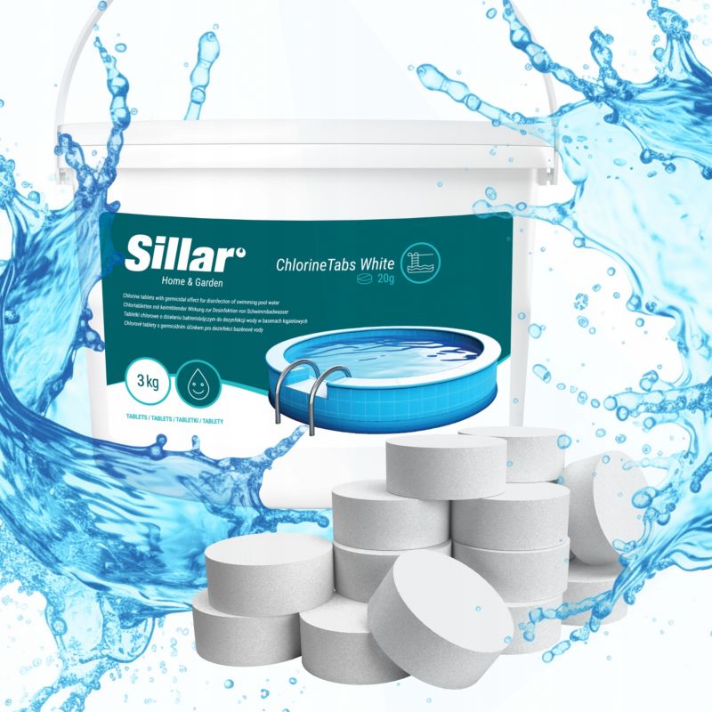 Chlor do basenu, Sillar, w tabletkach 20g, 5kg, niebieskie + antyglon, środek na glony, 5l, zestaw chemii basenowej, 2szt