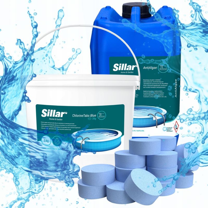 Chlor do basenu, Sillar, w tabletkach 20g, 5kg, niebieskie + antyglon, środek na glony, 5l, zestaw chemii basenowej, 2szt