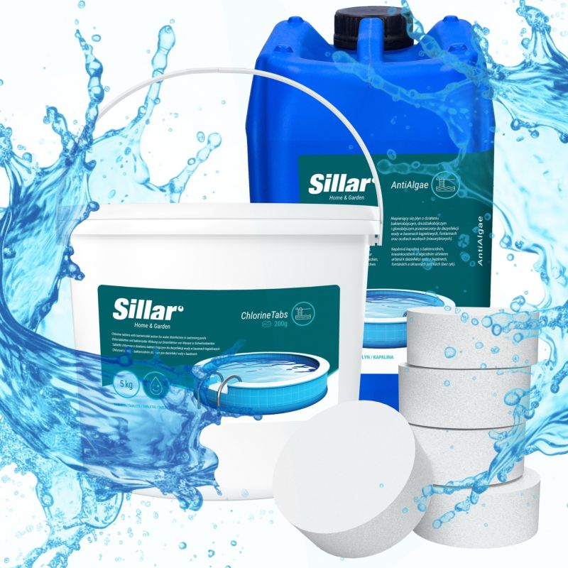 Chlor w tabletkach, Sillar, do basenu, jacuzzi, tabletki 200g, 5kg + Antyglon, w płynie, 5l, zestaw chemii basenowej, 2szt