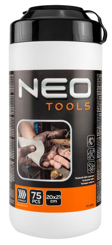 Chusteczki ze ścierniwem NEO TOOLS do mycia rąk oraz czyszczenia powierzchni i narzędzi, słoik 75 szt. 1 kpl.