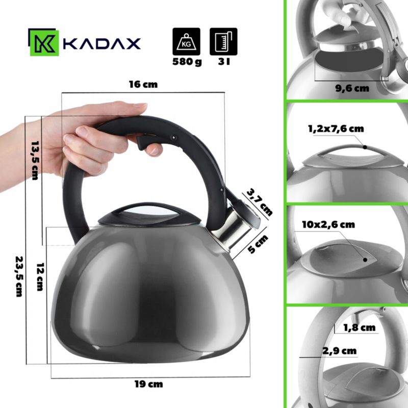 Czajnik KADAX Z Gwizdkiem Gaz indukcja Stalowy 2,6L Szary 1szt.