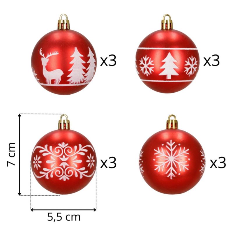 Czerwone bombki choinkowe Springos 7 cm 12 szt. zestaw ozdoby świąteczne zdobione 1 kpl.