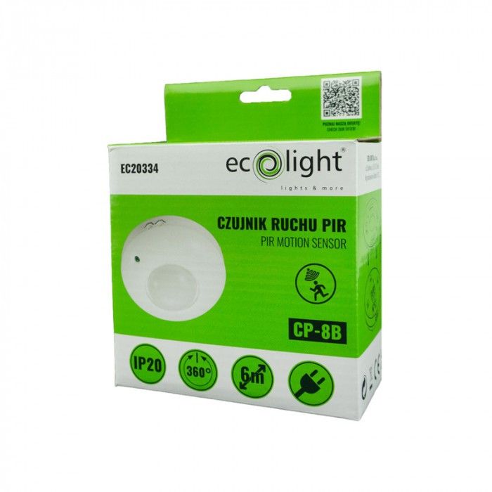 Czujnik ruchu Ecolight podczerwień PIR biały do 6 metrów sufitowy natynkowy IP20 wym: 2,2 x 11,5 x 11,5 cm - 1 szt.
