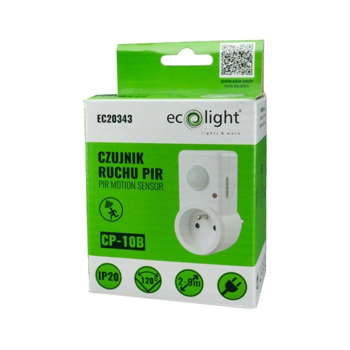 Czujnik ruchu Ecolight podczerwień PIR biały do 9 metrów wtykany do gniazdka IP20 wym: 9,5 x 4,5 x 3,5 cm - 1 szt.