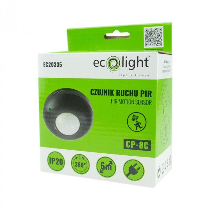 Czujnik ruchu Ecolight podczerwień PIR czarny do 6 metrów sufitowy natynkowy IP20 wym: 2,2 x 11,5 x 11,5 cm - 1 szt.