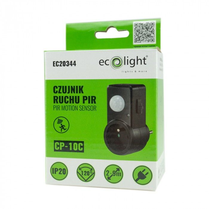 Czujnik ruchu Ecolight podczerwień PIR czarny do 9 metrów wtykany do gniazdka IP20 wym: 9,5 x 4,5 x 3,5 cm - 1 szt.