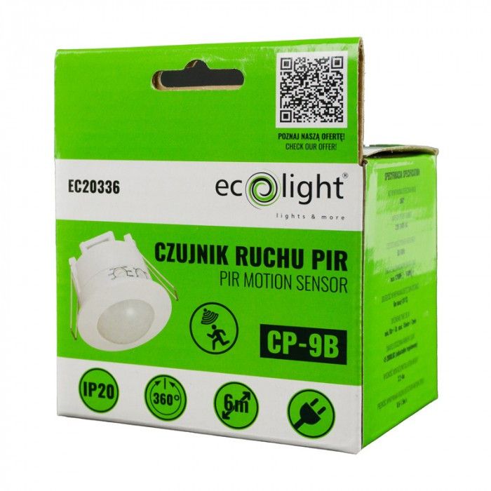 Czujnik ruchu Ecolight wpuszczany biały do 6 metrów sufitowy wpuszczany IP20 wym: 6,3 x 7,7 x 7,7 cm - 1 szt.