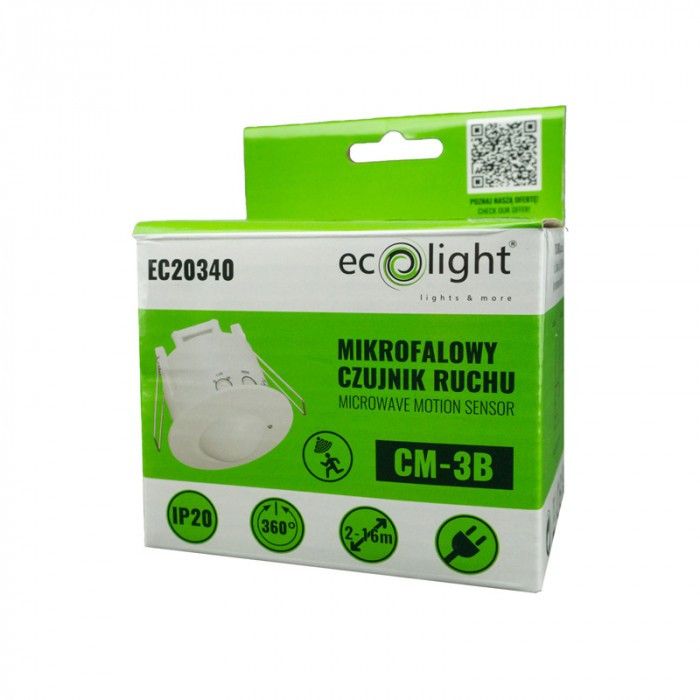 Czujnik ruchu Ecolight wpuszczany biały do 8 metrów sufitowy wpuszczany IP20 wym: 7,7 x 7,7 x 6,3 cm - 1 szt.