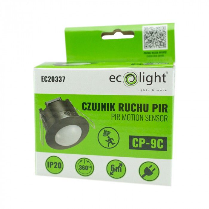 Czujnik ruchu Ecolight wpuszczany czarny do 6 metrów sufitowy wpuszczany IP20 wym: 6,3 x 7,7 x 7,7 cm - 1 szt.