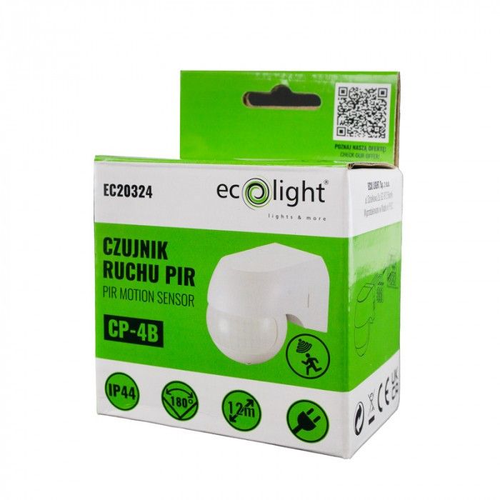 Czujnik ruchu i zmierzchu Ecolight podczerwień PIR biały do 12 metrów ścienny natynkowy IP44 wym: 6,5 x 5,5 x 8 cm - 1 szt.