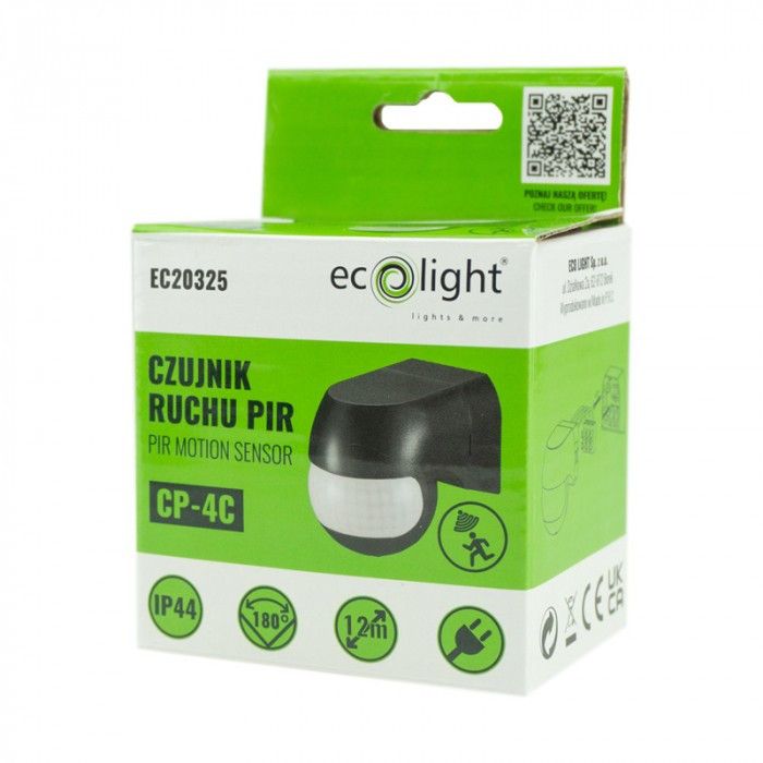Czujnik ruchu i zmierzchu Ecolight podczerwień PIR czarny do 12 metrów ścienny natynkowy IP44 wym: 6,5 x 5,5 x 8 cm - 1 szt.