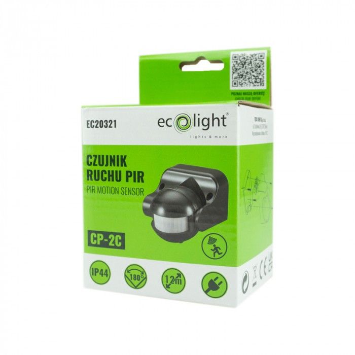 Czujnik ruchu i zmierzchu Ecolight podczerwień PIR czarny do 12 metrów ścienny natynkowy IP44 wym: 8 x 8,8 x 9,8 cm - 1 szt.