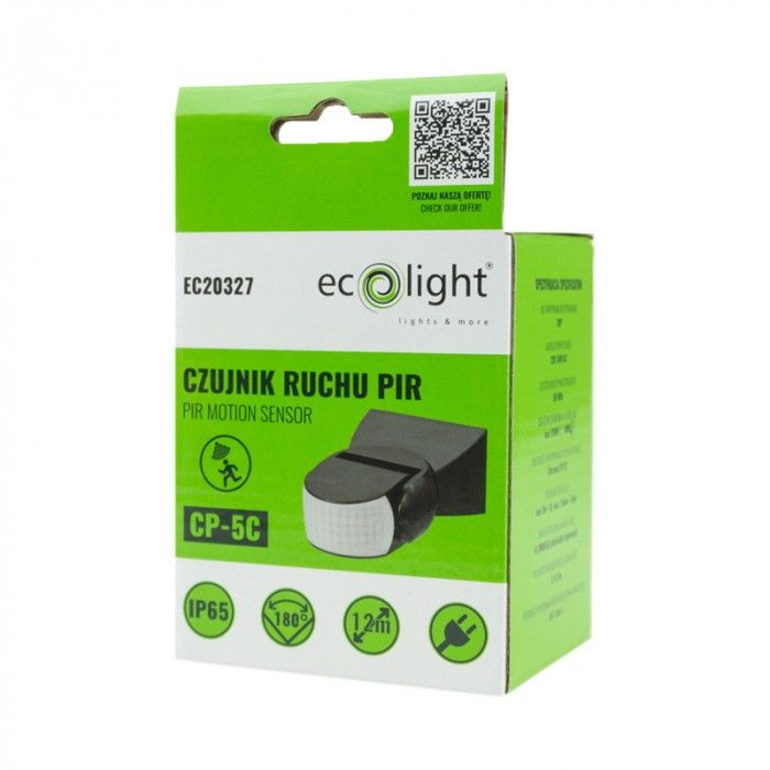 Czujnik ruchu i zmierzchu Ecolight podczerwień PIR czarny do 12 metrów ścienny natynkowy IP65 wym: 5,3 x 8 x 9,5 cm - 1 szt.