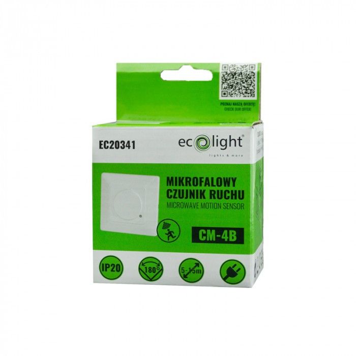 Czujnik ruchu mikrofalowy Ecolight dopuszkowy biały do 15 metrów dopuszkowy IP20 wym: 8 x 8 x 5 cm - 1 szt.