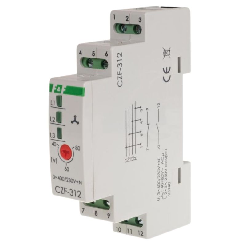 Czujnik Zaniku Fazy I Asymetrii F&F Styk 1No+1Nc 5A 40-55V Czf-312 1szt.