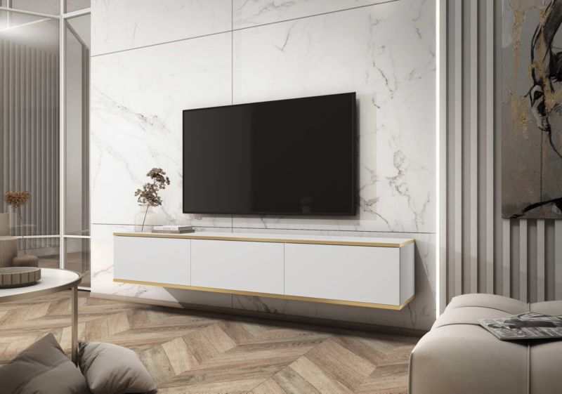 Długa szafka RTV MINIO go for it ORINO 175 cm biała ze złotymi detalami,1 szt.