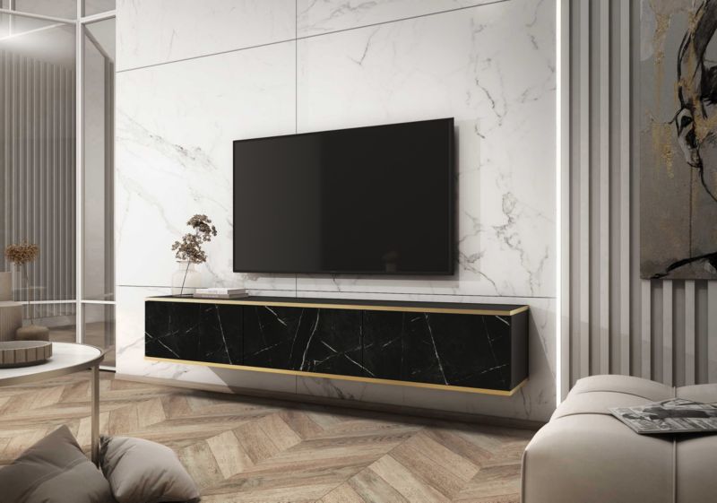 Długa szafka RTV MINIO go for it ORINO 175 cm czarna/czarny marmur ze złotymi detalami ,1 szt.