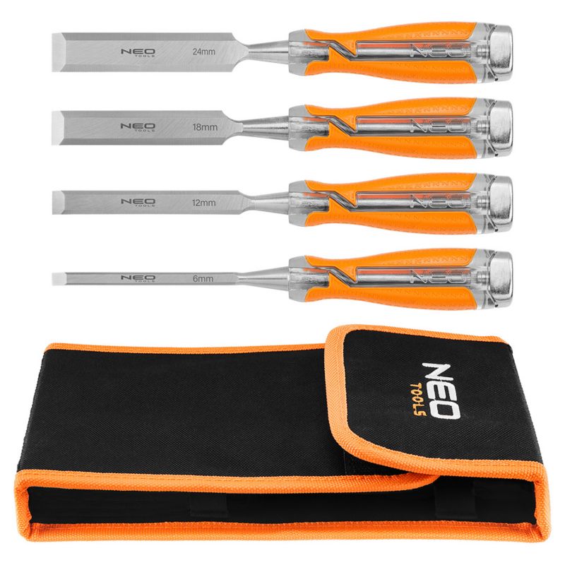 Dłuta NEO TOOLS 6, 12, 18, 24mm zestaw 4 szt. uchwyt dwukomponentowy,  etui 1 kpl