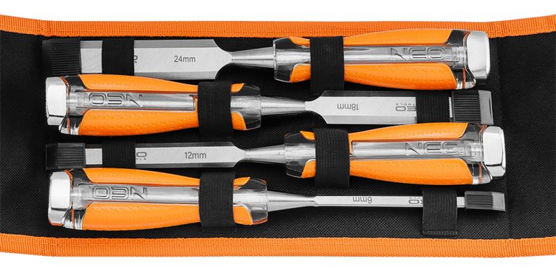 Dłuta NEO TOOLS 6, 12, 18, 24mm zestaw 4 szt. uchwyt dwukomponentowy,  etui 1 kpl