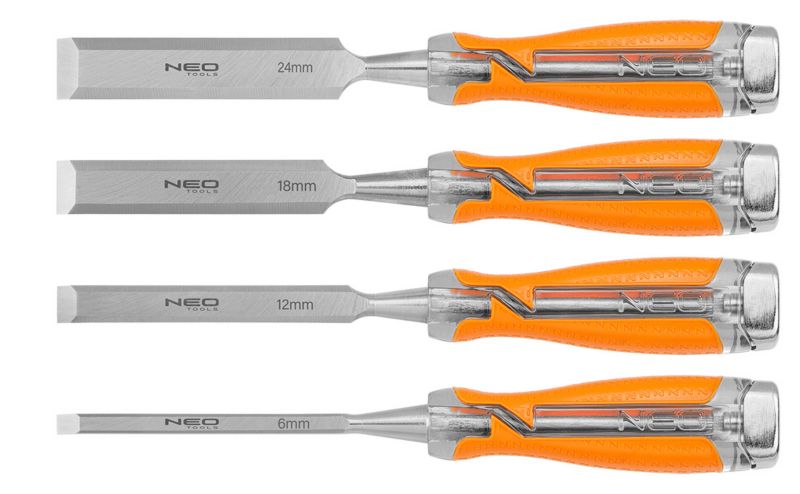 Dłuta NEO TOOLS 6, 12, 18, 24mm zestaw 4 szt. uchwyt dwukomponentowy,  etui 1 kpl